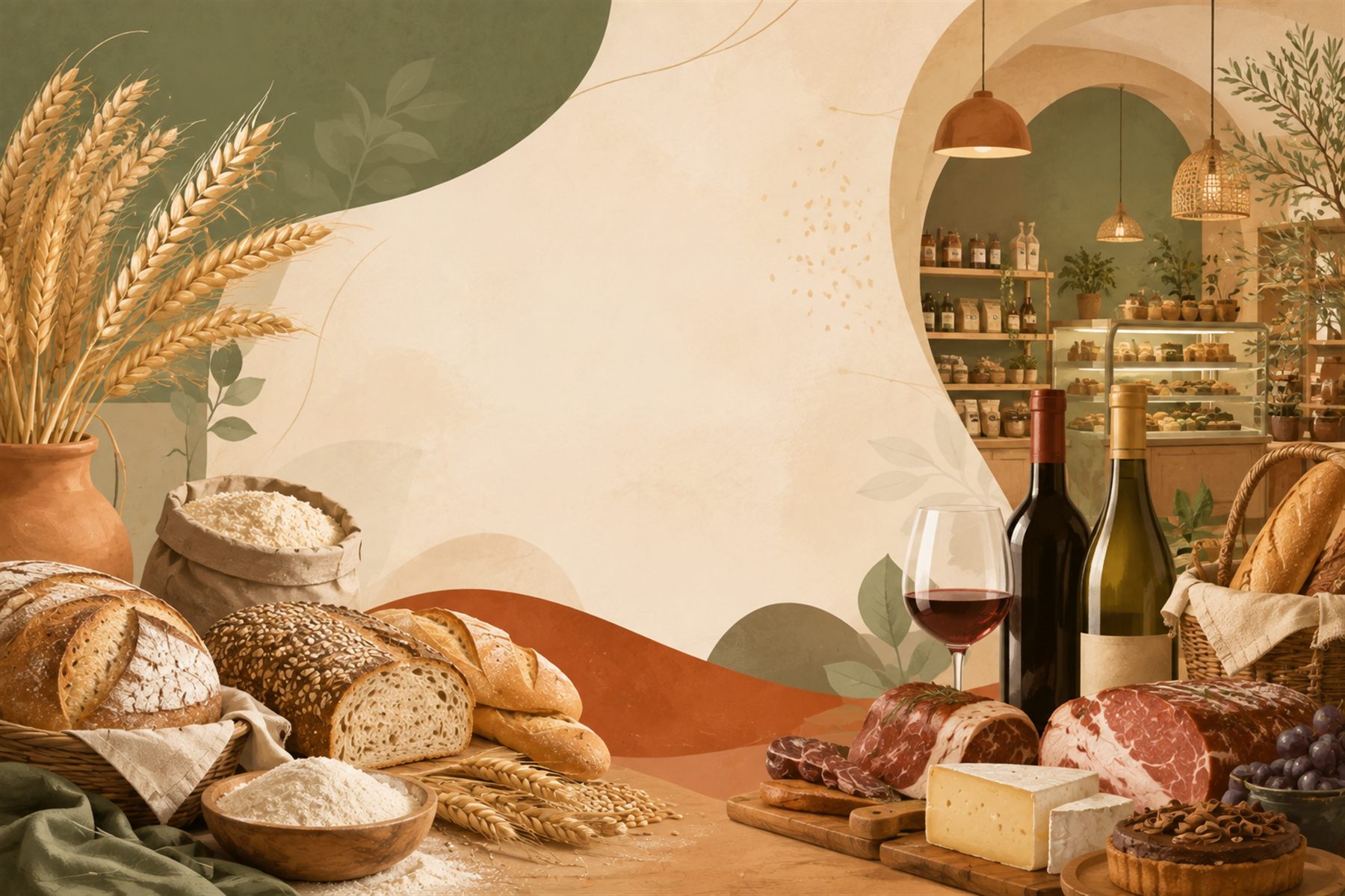Mesa com pães artesanais, vinho e queijos do Empório Tekohá